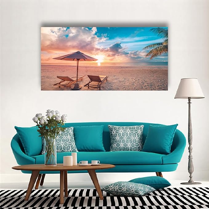 Beach Pictures Canvas Wall Art for Living room Bedroom Wall Decor,Sunset and Beautiful Clouds Wall Art Print Paitnings for home Decor,Morden Artwork Sunumbrellas and loungers Canvas Art