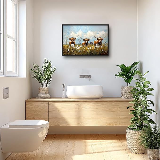 Flintis Large Highland Cow Barn Framed Wall Art Farmhouse Highland Cattle Daisy Pictures Wall Decor Abstract Canvas Painting Print Artworks Framed for Living Room Bathroom Master Bedroom 36L X 24W