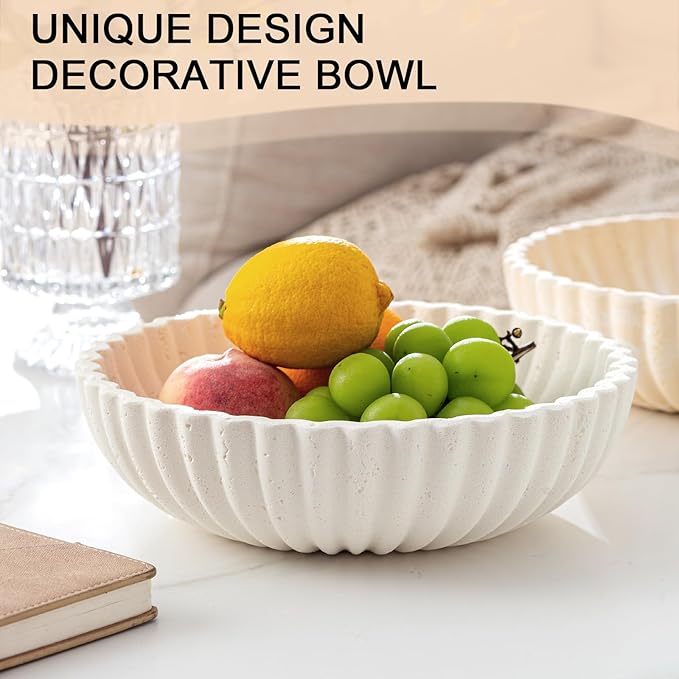 Large Decorative Fruit Bowl for Kitchen Counter, Travertine Stone Look Modern Minimalist Snack Candy Bowl for Table Centerpiece Decor, Home, Office, Hotel, Entryway (White)