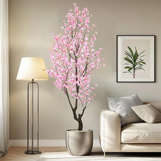 Faux Pink Cherry Blossom Tree 8ft(96in) Tall Artificial Plant Indoor Decor Handmade Natural Sakura Tree for Wedding Realistic Cherry Plant in Pot for Home Living Room,Office,Outdoor Decor.