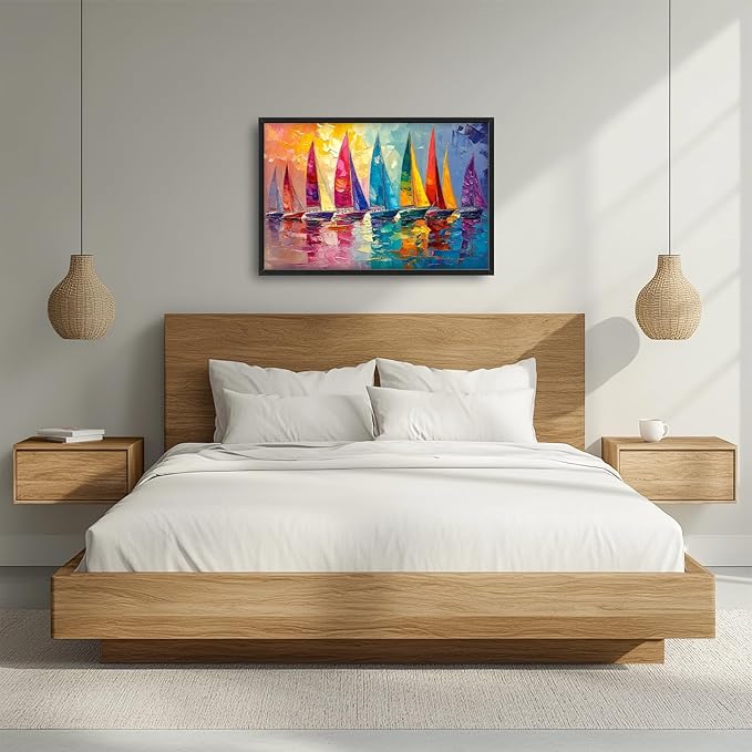 Large Coastal Sailboat Framed Wall Art for Living Room, Colorful Sailboats Canvas Wall Decor, Vintage Nautical Pictures Painting, Modern Landscape Artwork for Bedroom 36L'' × 24W''