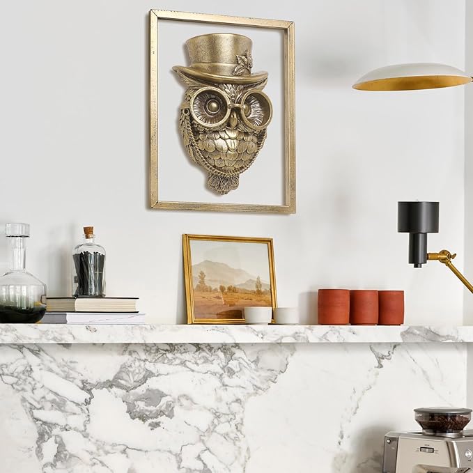 Animal Heads Wall Decor (Includes Metal Frame) Halloween Resin Animals Sculptures Head Wall Hanging Decoration Gold vintage Wall Sculpture for Living Room Bedroom Office(Owl)