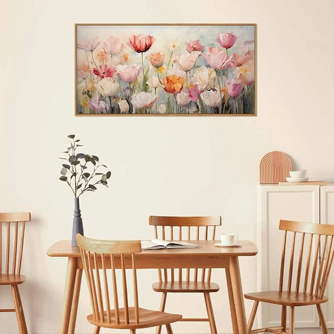 HPNIUB Large Hand-Painted Nature Wildflowers Framed Wall Art Pink Floral Canvas Oil Painting Modern Aesthetic Wall Decor Abstract Flower Artwork for Living Room Bedroom Decor -20"x40"