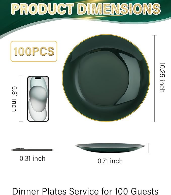 Nervure 100Pcs Green and Gold Plastic Plates - 10.25inch Disposable Green Dinner Plates - Heavy Duty Plastic Plate Ideal for Wedding & Party & Christmas