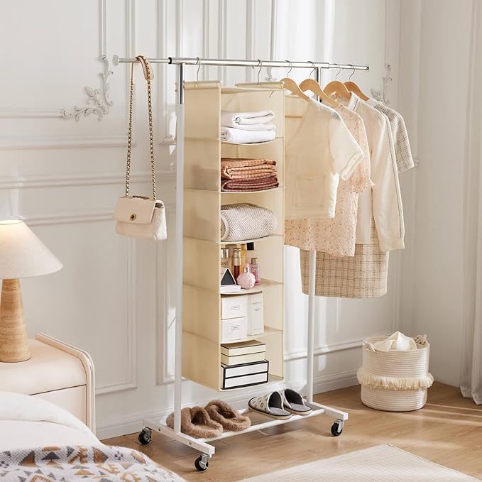 MAX Houser 6 Tier Shelf Hanging Closet Organizer, Cloth Hanging Shelf with 2 Sturdy Hooks for Storage, Foldable (Beige)