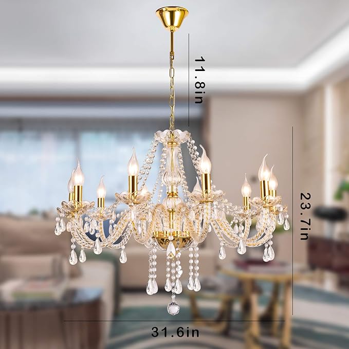 Panghuhu88 K9 Crystal Candle Chandeliers Lighting 10 Lights Pendant Ceiling Fixture Lamp for Dining Living Room Bedroom Hallway Entry Elegant Decoration (10 Bulbs)