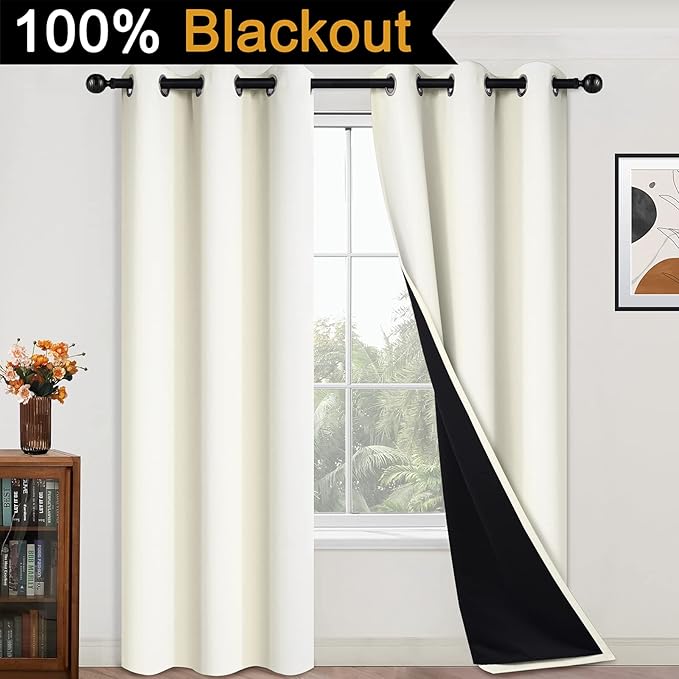 Yakamok 84 Inch Length 100% Blackout Curtains for Bedroom, 2 Thick Layers Thermal Insulated Grommet Total Blackout Drapes with Black Liner for Living Room (42Wx84L,Cream, 2 Panels)