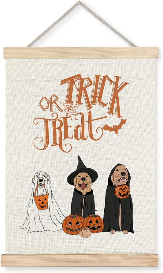 Supwhd Trick or Treat Halloween Ghost Dogs Pumpkin Wall Art with Wooden Poster Hanger, Ghost Dog Decor, Halloween Pictures Wall Decor, Spooky Wall Decor, 12x16