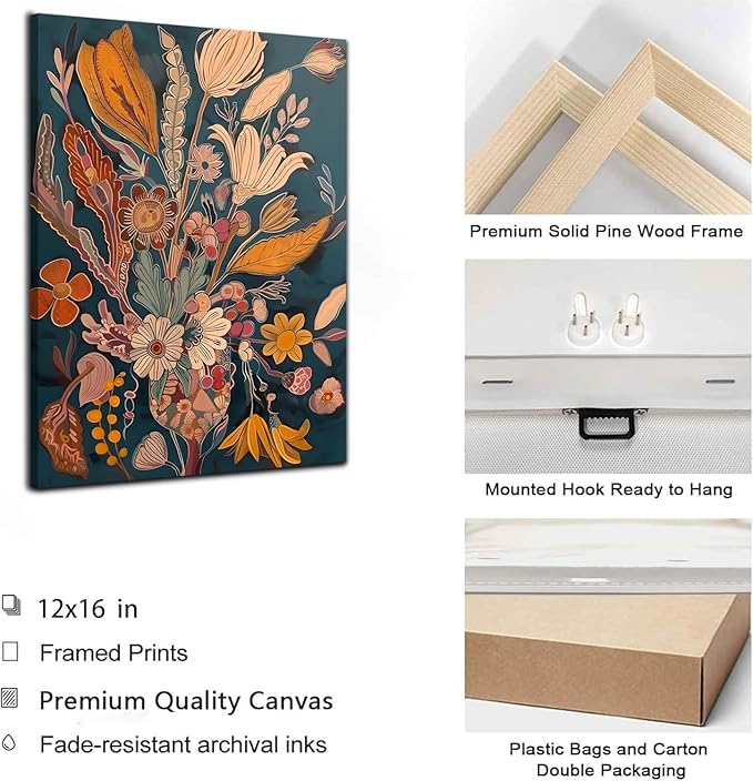 Boho Flower Canvas Wall Art Abstract Plant Wall decor pictures Orange Floral Poster Prints Mid Century Modern Flowers Painting For Living Room Bedroom Home Decorations (12inx16in canvas)
