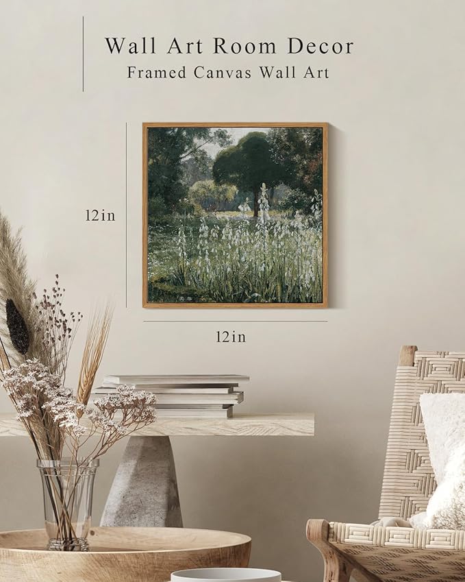 InSimSea Square Framed Canvas Wall Art, Meadow Prints Classical Landscape Floral Flowers Oil Painting, Scenery Home Wall Decor for Living Room, Bedroom, Bathroom, Office 12"x12"