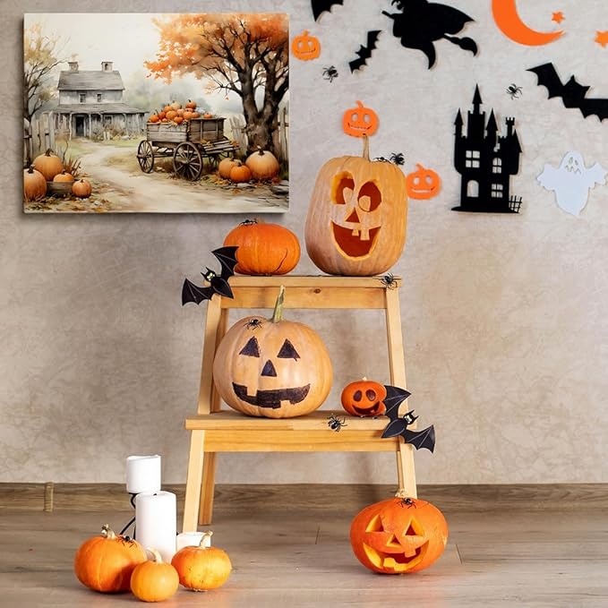 Framed Autumn Farmhouse Sketch posters Gallery Canvas Print Wall Art Vintage Farmhouse Decor Autumn Art Fall Landscape Pumpkin Decoration 16x24"framed