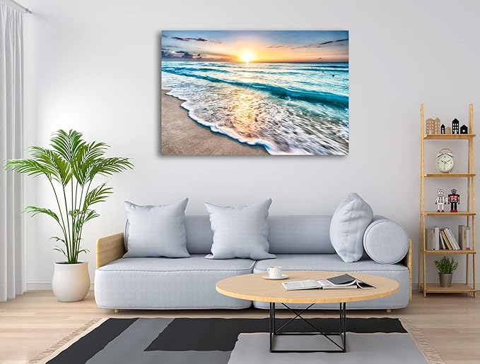 Baisuart S02269 Canvas Prints Wall Art Beach Sunset Paintings Ocean Waves Nature Pictures Stretched Canvas Wooden Framed for living Room Bedroom and Home Office Wall Decor Posters