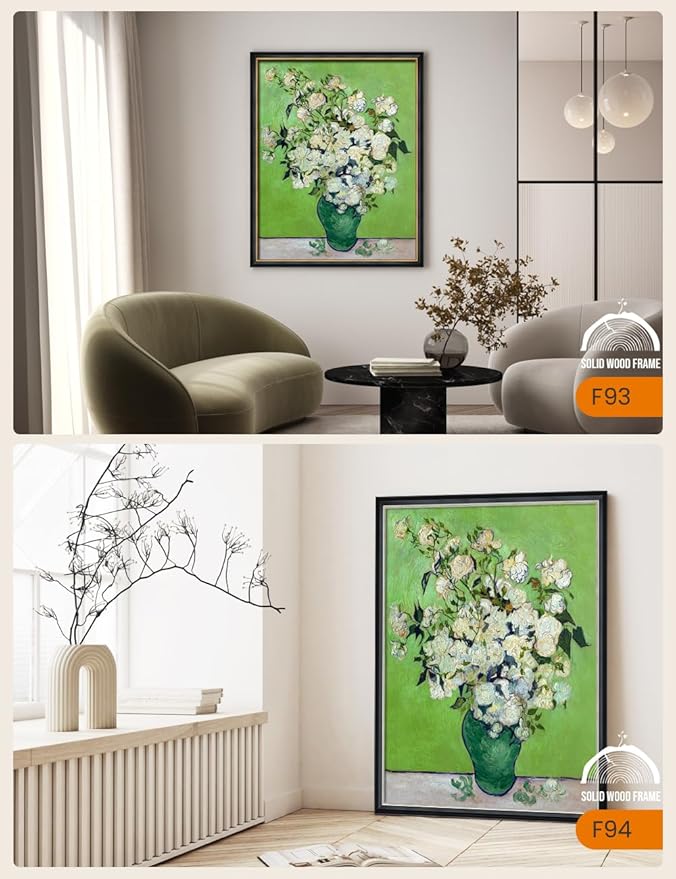 DECORARTS - Pink Roses in a Vase by Vincent Van Gogh, Large Giclee Canvas Print with Solid Wood Frame, Oversized Wall Art Decor