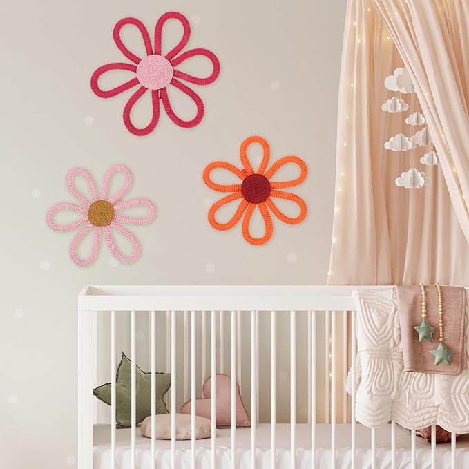 Barydat 6 Pcs Boho Nursery Decor Daisy Flower Woven Macrame Wall Hanging 3 Size Daisy Flower Wall Decor Bohemian Nursery Decorations for Home Dorm Art(Fresh Color)