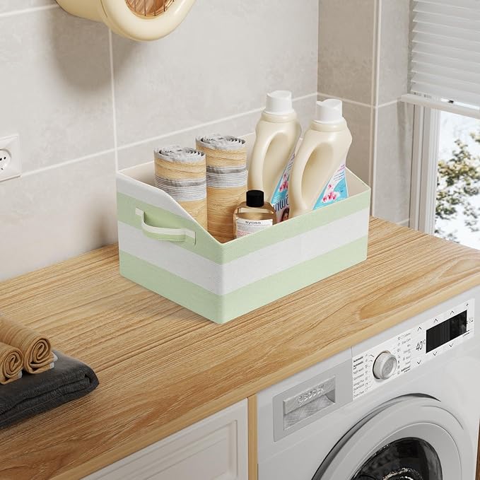 Linen Closet Organizers and Storage, Trapezoid Fabric Bins, Home Office Organization Baskets Striped Collapsible Box with Handles for Clothes, Blanket, Books, DVD, 4 Pack, Green/White