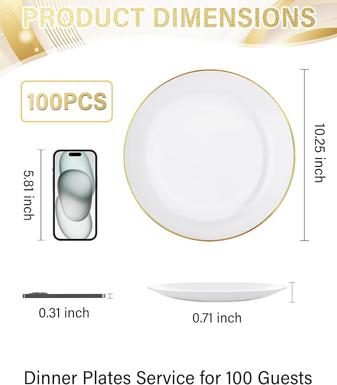Nervure 100 Pieces Gold Plastic Plates - 10.25 inch Gold Dinner Plates - Heavyweight White and Gold Disposable Plates Ideal for Wedding & Party & Thanksgiving