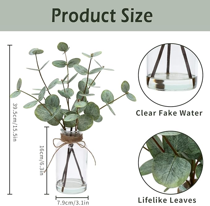 15" Artificial Eucalyptus Stems in Vase, Real Touch Small Fake Eucalyptus Plant for Table Bathroom Shelves Farmhouse Wedding Home Office Coffee Table Décor