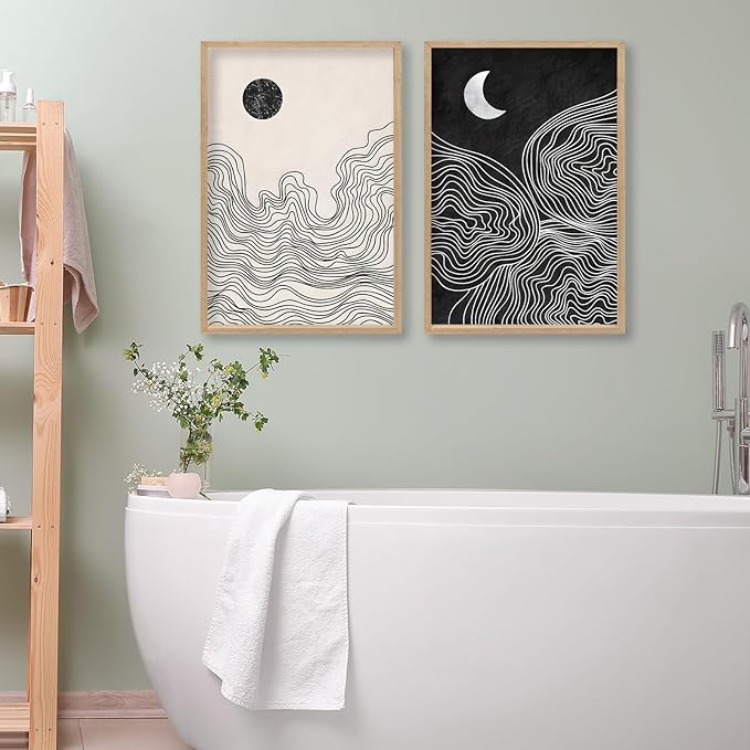Black and White Sun Moon Boho Wall Art 16"x24" 2 Pieces Wooden Framed Mid Century Abstract Minimalist Home Sign for Living Room Bedroom Office Neutral Wall HangIing Decor (Wood)