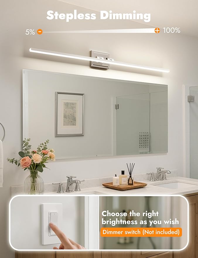 NIORSUN 48 Inch Modern Bathroom Light Fixture, 30W 5CCT Dimmable LED Chrome Bathroom Vanity Lights Over Mirror, Vanity Lights for Bathrooms Restroom Mirror- ETL Certified