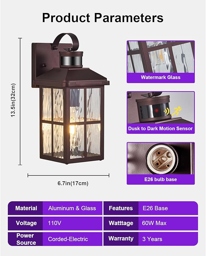 2 Pack Motion Sensor Porch Light Dusk to Dawn Outdoor Wall Light Bronze Exterior Lighting Fixtures Modern Outside Wall Mount Coach Lamp for House Garage Patio Front Door