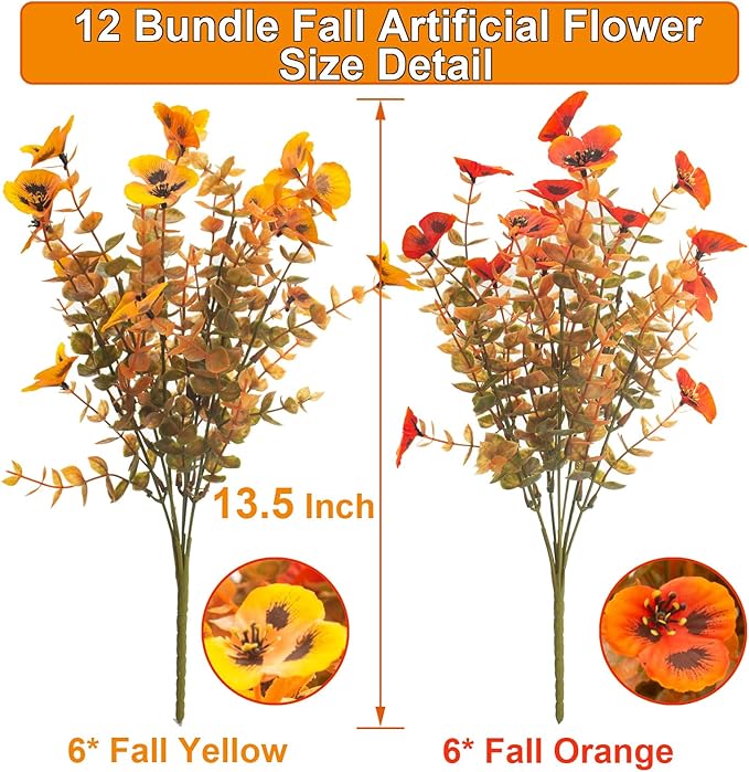 12 Bundles Artificial Flowers Outdoor Fake Fall Flowers for Outside Decoration UV Resistant Plastic Faux Plants for Garden Window Porch Balcony Fall Wedding Thanksgiving Decor(Mix)