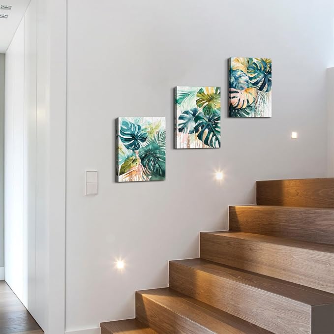 Tropical Monstera Wall Art Leaf Pictures Wall Decor for Bathroom Abstract Watercolor Sage Green Palm Leaves Paintings Botanical Canvas Prints Posters Artwork Home Living Room Decoration 12x16" 3Pcs