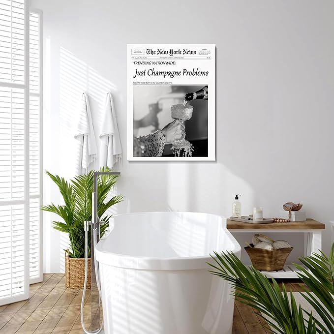 Champagne Problems Newspaper Framed Wall Art,Trendy Retro Black and White Wall Art for Bar Cart Bathroom Apartment Kitchen Dorm Dining Decor Funky Vintage Celebrate Poster for Home Wall Artwork 20x24