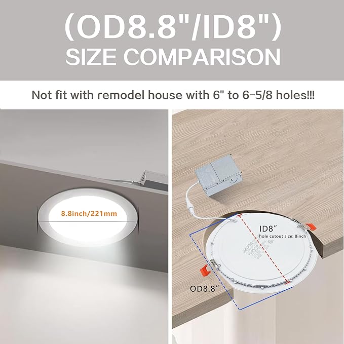 8 Inch LED Recessed Light with Junction Box, 1Pack Ultra Thin LED Recessed Lighting.6000K Daylight, No Dimmable,18W 8" Recessed Ceiling Canless Wafer Downlight.Slim Can-Killer Lights,CRI80+