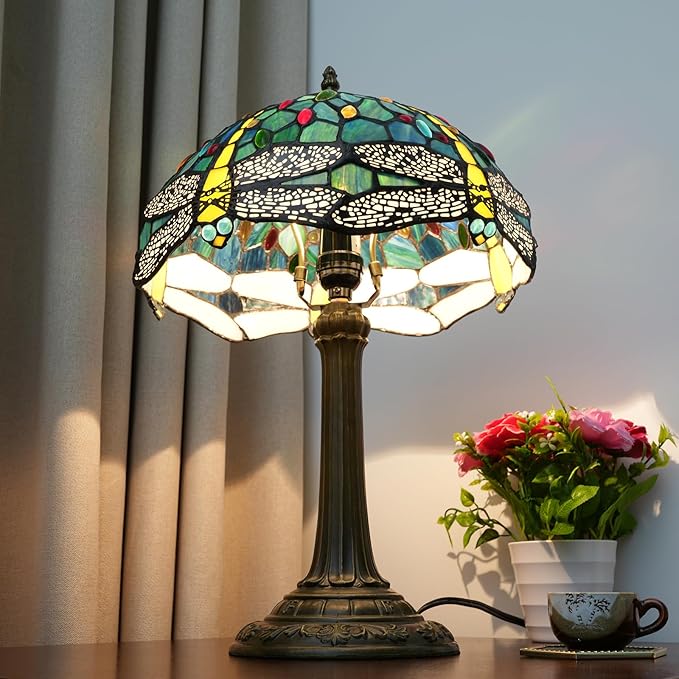 Tiffany Style Stained Glass Table Lamp 12 Inch Blue and Green Dragonfly Reading Bedside Lamp Suitable for Study Dormitory Bedside Coffee Shop Retro Table Lamp Home Decoration Art