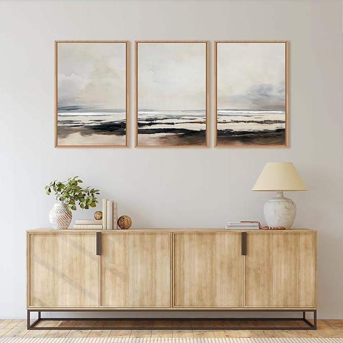 HOURIA Large Neutral Abstract Gray Framed Wall Art Set,Minimalist Modern Beige Brown Landscape Wall Decor,Wilderness Filed Artwork,Watercolor Misty Lake Print for Living Room,Bedroom,Office- 16"x24"x3