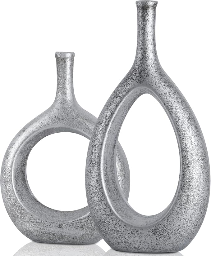 Silver Ceramic Hollow Elliptical Vase Set of 2 - Boho Circle Vase with Hole, for Modern Silver Table Decor, Living Room Decor Shelf mid Century Modern Home Entrance Decorative vase