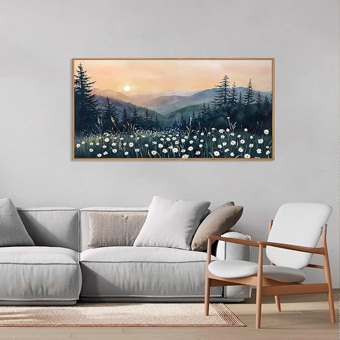 KAIRNE Large Mountain Landscape Wall Art, Watercolor Forest and Misty Pine Tree Canvas Print, Nature Scenery Artwork for Living Room Bedroom Office Decor, Rustic Wood Frame Ready to Hang, 20x40inch