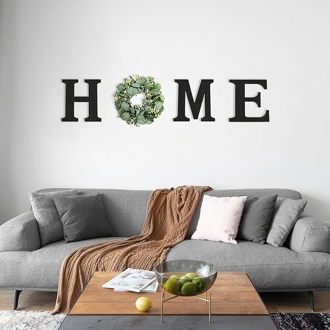 Wood Home Sign with Artificial Eucalyptus Wreath for O, Hanging Farmhouse Wall House Decor - Wood Letters for Art Rustic Home Decor, Wall Decor for Living Room Kitchen Entryway Gift (Black L)