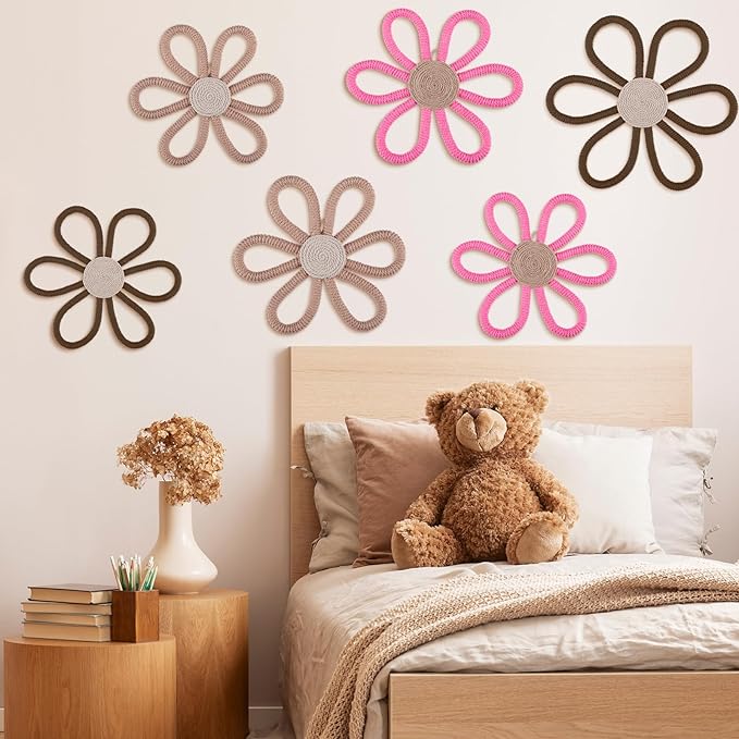 Barydat 6 Pcs Boho Nursery Decor Daisy Flower Woven Macrame Wall Hanging 3 Size Daisy Flower Wall Decor Bohemian Nursery Decorations for Home Dorm Art(Classic Color)