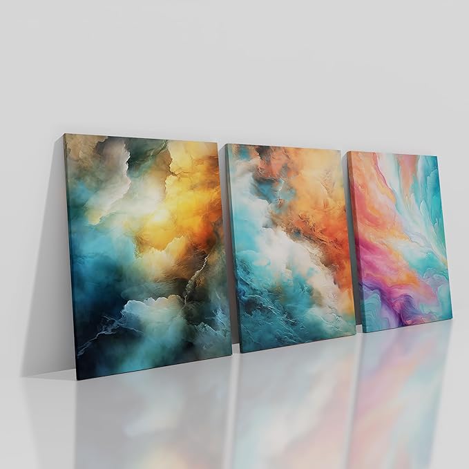 Colorful Abstract Poster Wall Art Rendering 3 Pieces HD Pictures Print on Wooden Framed Canvas Multicolor Painting Wall Decor Artwork for Modern Home Living Room Hotel Ready to Hang [60''Wx28''H]
