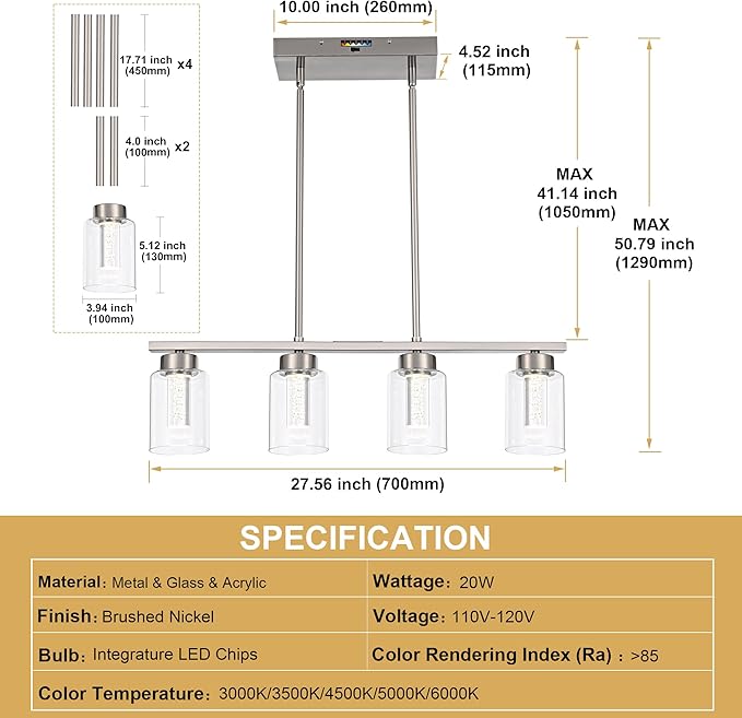 5CCT LED Brushed Nickel Pendant Light Fixtures LED Integrated Bulbs Included, 4-Light Farmhouse Chandedlier for Dining Room, Clear Glass Kitchen Island Light Fixture