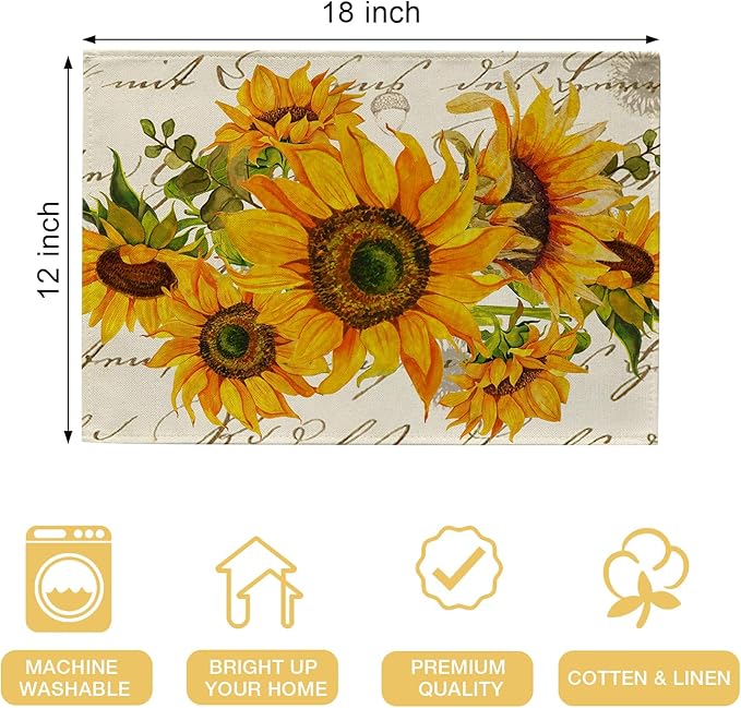 Seliem Fall Sunflower Placemats Set of 4, Spring Summer Yellow Floral Flowers Rustic Vintage Dining Table Place Mats, Eucalyptus Leaves Seasonal Kitchen Decor Home Decoration 12 x 18 Inch