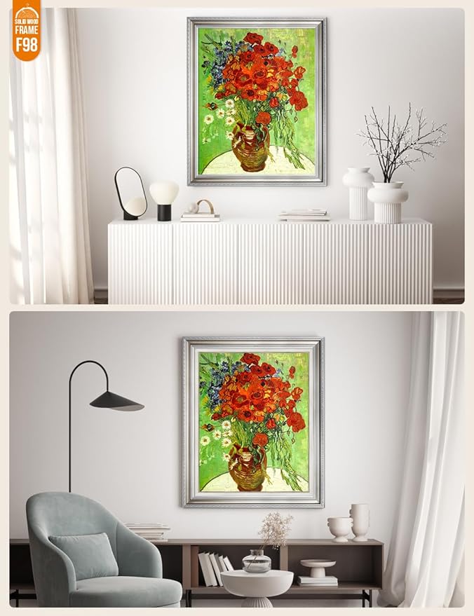 DECORARTS - Red Poppies and Daisies, Vincent Van Gogh Art Reproduction. Acid Free Cotton Canvas Giclee Print w/Bronze Frame&Mat for Wall Decor.
