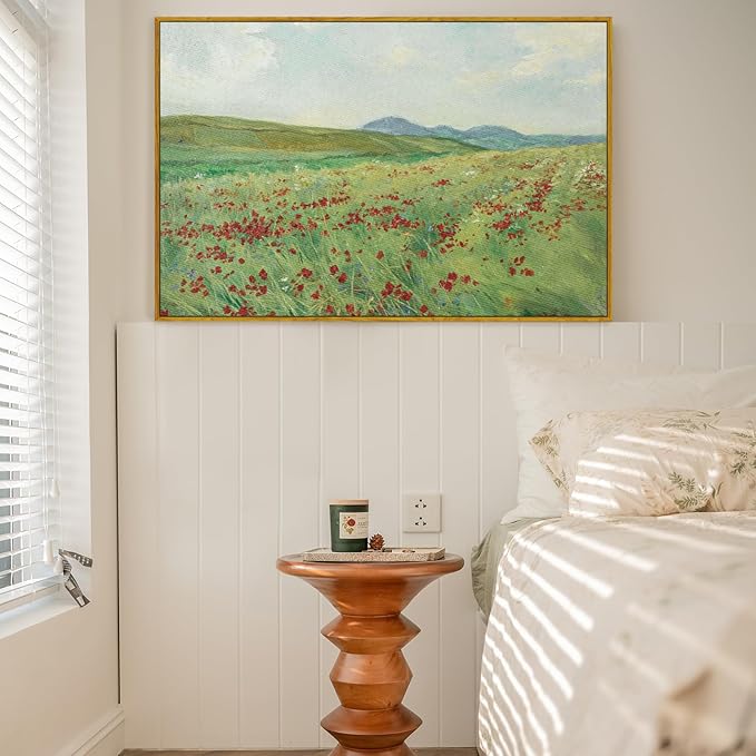 crmotu Framed Canvas Wall Art, Hillside Landscape Art Prints, Flower Field Vintage Decor Pictures, Nature Scenery Wall Paintings for Living Room Bedroom Bathroom Rustic Farmhouse Kitchen Decor 16x24in