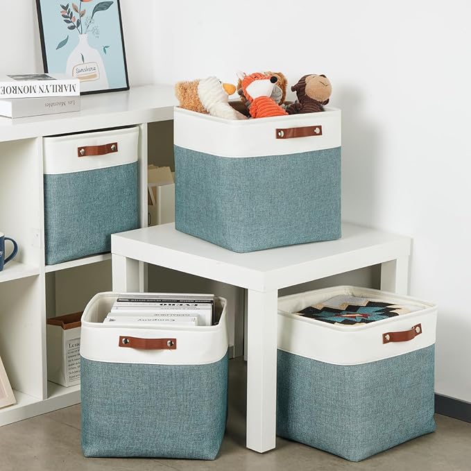 DULLEMELO Storage Bins, 4 Pack Of 13x13x13 Decorative Storage Cube Bins Suit Office, Home, Shelves And Closet, Stackale Gift Baskets Empty with Leather handle (White&Deep Green)