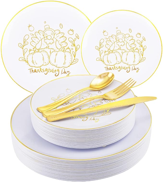 YOUBET 125PCS Thanksgiving Plastic Plates - Fall Plastic Plates with Gold Rim & Gold Silverware include 25Dinner Plate, 25Salad Plate, 25Knives, 25Forks, 25Spoons for Thanksgiving Party