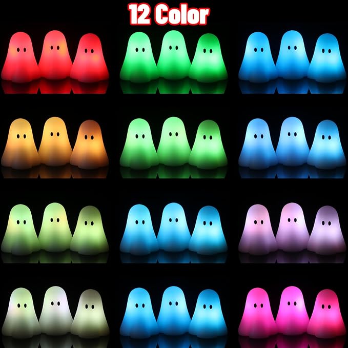 Eldnacele Ghost Flamless Flickering Candles with 18-key Remote and Timer, 12 Color Changing Battery Operated Spooky Candles Real Wax Small Ghost Lights LED Candle Fireplace Halloween Indoor Decor Gift
