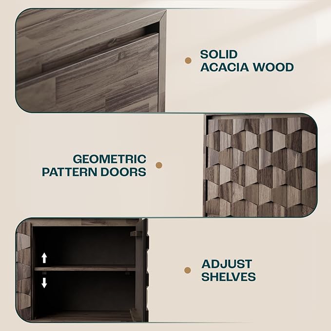 Bme Georgina Solid Wood Sideboard with Geometric Pattern, 2 Doors and 3 Drawers, 61 Inch Mid Century Modern Sideboard Cabinet for Kitchen, Dining Room, Living Room, Mocha