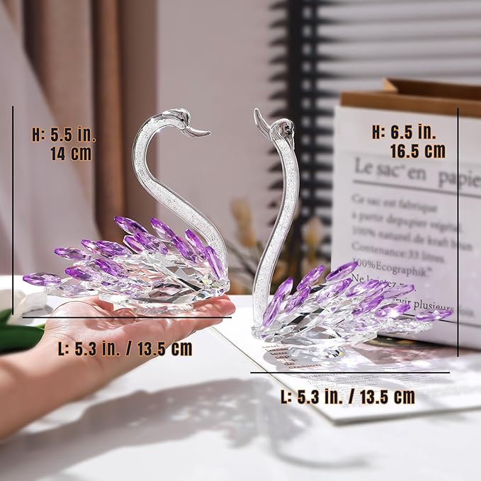 Set of 2 Crystal Purple Swans Figurines, Anniversary Wedding Gifts for Women, Mom, Couple, Glass Swan Collectibles Birthday Presents Keepsake for Parents Home Decor, 6.5in Gift Boxed