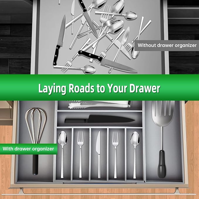 Silverware Organizer Kitchen Drawer Organizer Utensil Organizer Bamboo Silverware Holder Cutlery Organizer in Drawer Flatware Organizer Tray(9 slots, Gray)