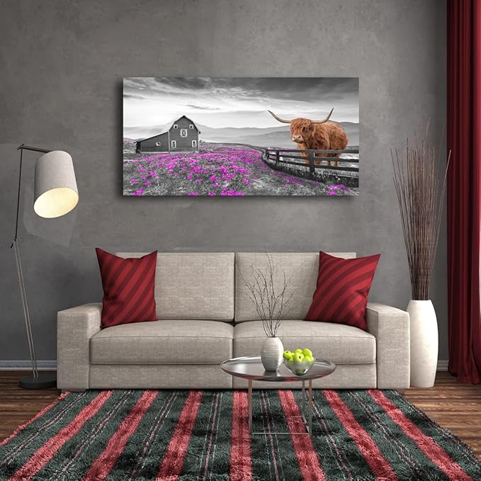 Highland Cow Pictures Canvas Wall Art for Living Room Home Wall Decor Black and White Background Animal Cow Purple Flowers Country Scenery Prints Painting for Bedroom Office Decoration 20x40 inches