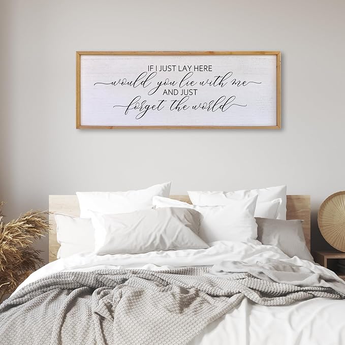 Surfapans If I Lay Here Would You Lie With Me Wall Decor Sign 32”X12” Master Room Bedroom Above Bed Large Farmhouse Inspirational Quotes Minimalist Wood Framed Over Bed Wall Art Decoration (Wood)