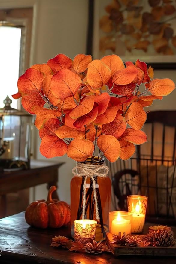 Briful Artificial Eucalyptus Stems in Amber Glass Vase with Faux Water, 14" Fake Fall Plant Autumn Eucalyptus Leaves for Home Farmhouse Wedding Centerpiece Bathroom Décor