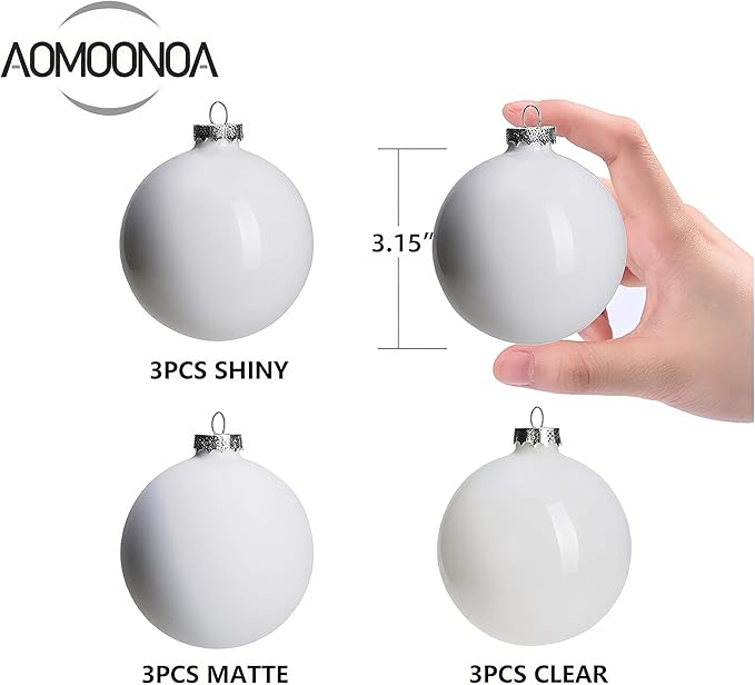 White Glass Christmas Ornaments for Tree, 3.15’’ Ball Ornaments Set of 9, Hanging Baubles with 3 Different Finishes, Plain Xmas Balls for Home Decor, Thanksgiving, Wedding Party Gift