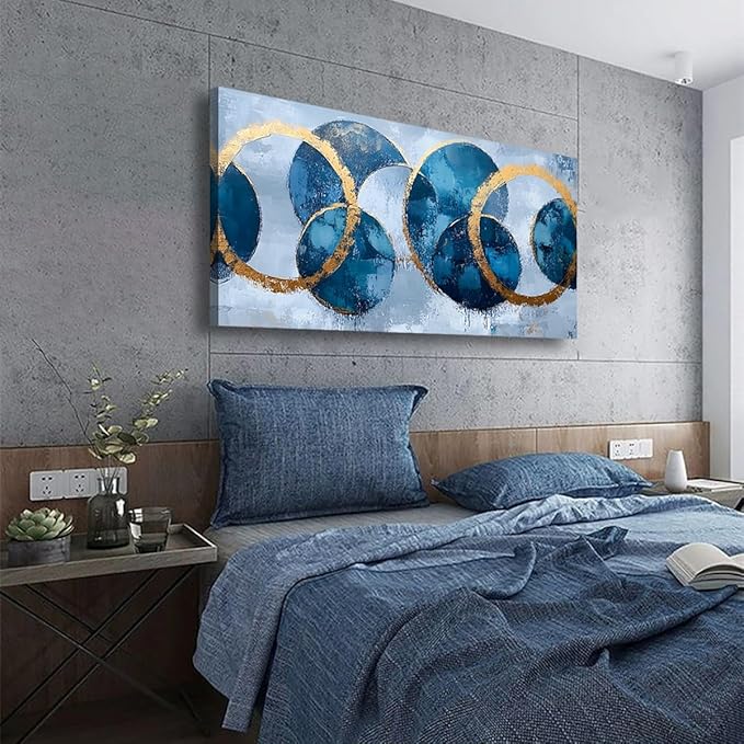 Abstract Pictures Canvas Wall Art for Living room Office Bedroom Wall Decor, Ring Wall Art Print Paintings Modern Blue Golden Abstraction Artwork Waterproof Ready to Hang-20x40inch